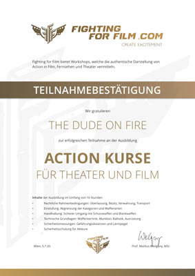 Teilnahmebestätigung Urkunde Zertifikat Zeugnis Action Stunt Fight Fighting Film Bühne Theater Stuntman Stuntschule