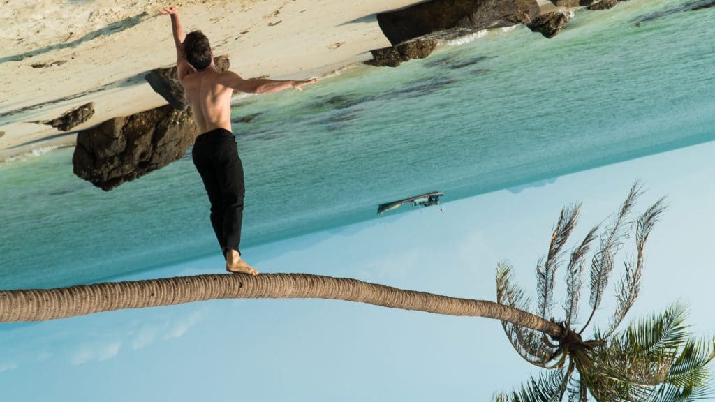 Hosn Secret Agent Suit Trousers beach balance aerial palm tree sea water